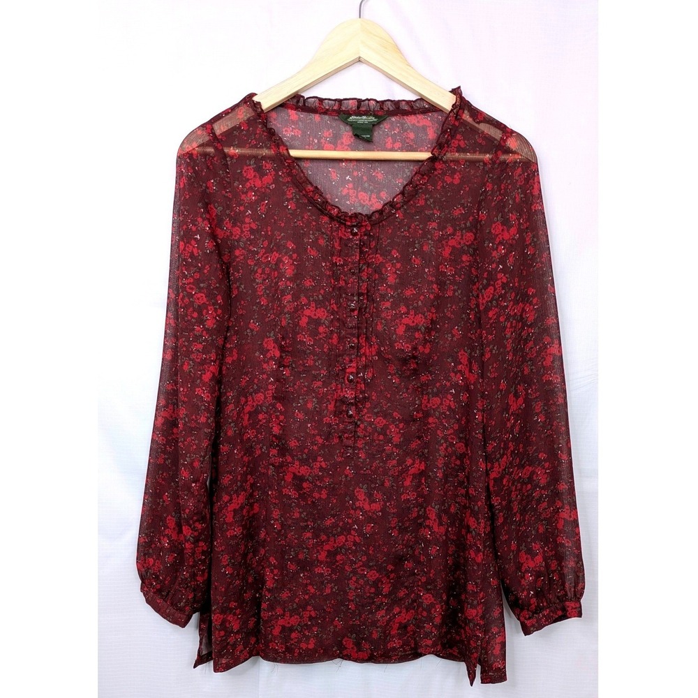 Eddie Bauer Womens XS Red Floral Sheer Mesh Ruffle Neck Button Front Blouse